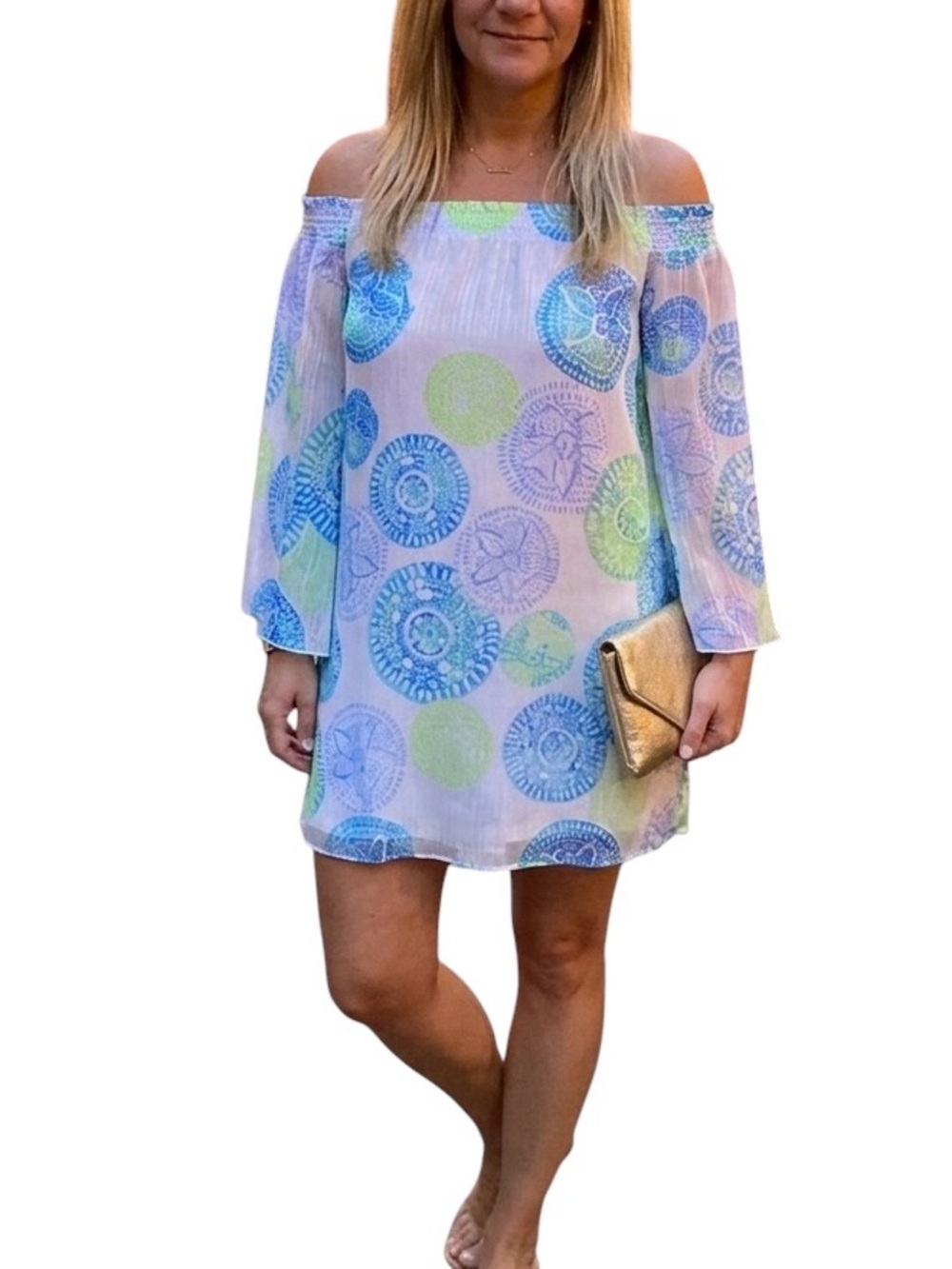 New Lilly Pulitzer Abi Silk Off-Shoulder A-Line Dress MCrinkle Chiffon. Size M.